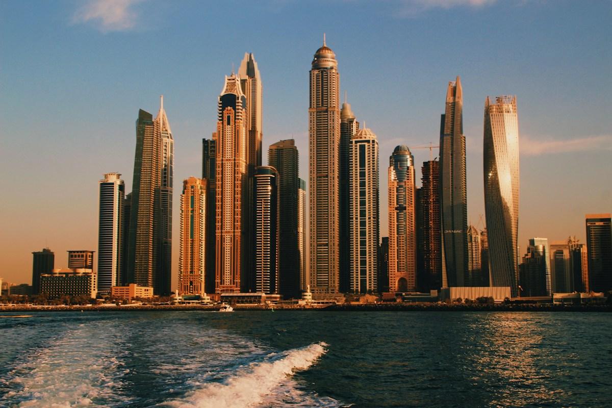 Dubai Marina towers at golden hour